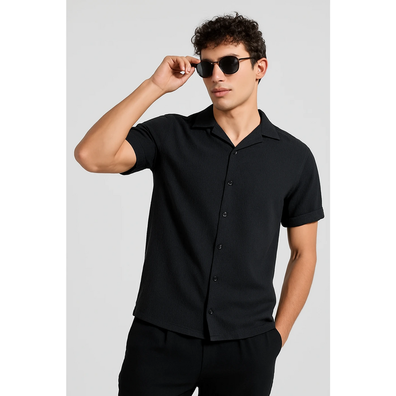 Black Textured Cuban Collar Shirt | Montivo Pakistan