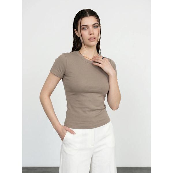 Light Brown Ribbed Fitted Tshirt | Montivo Pakistan