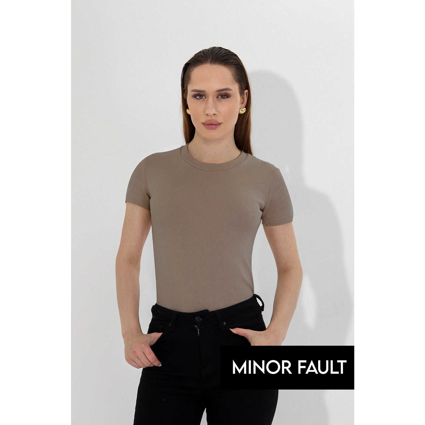 (Minor Fault) Light Brown Ribbed Fitted Tshirt | Montivo Pakistan
