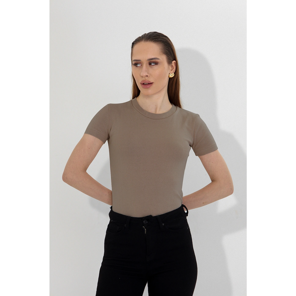 Light Brown Ribbed Fitted Tshirt | Montivo Pakistan