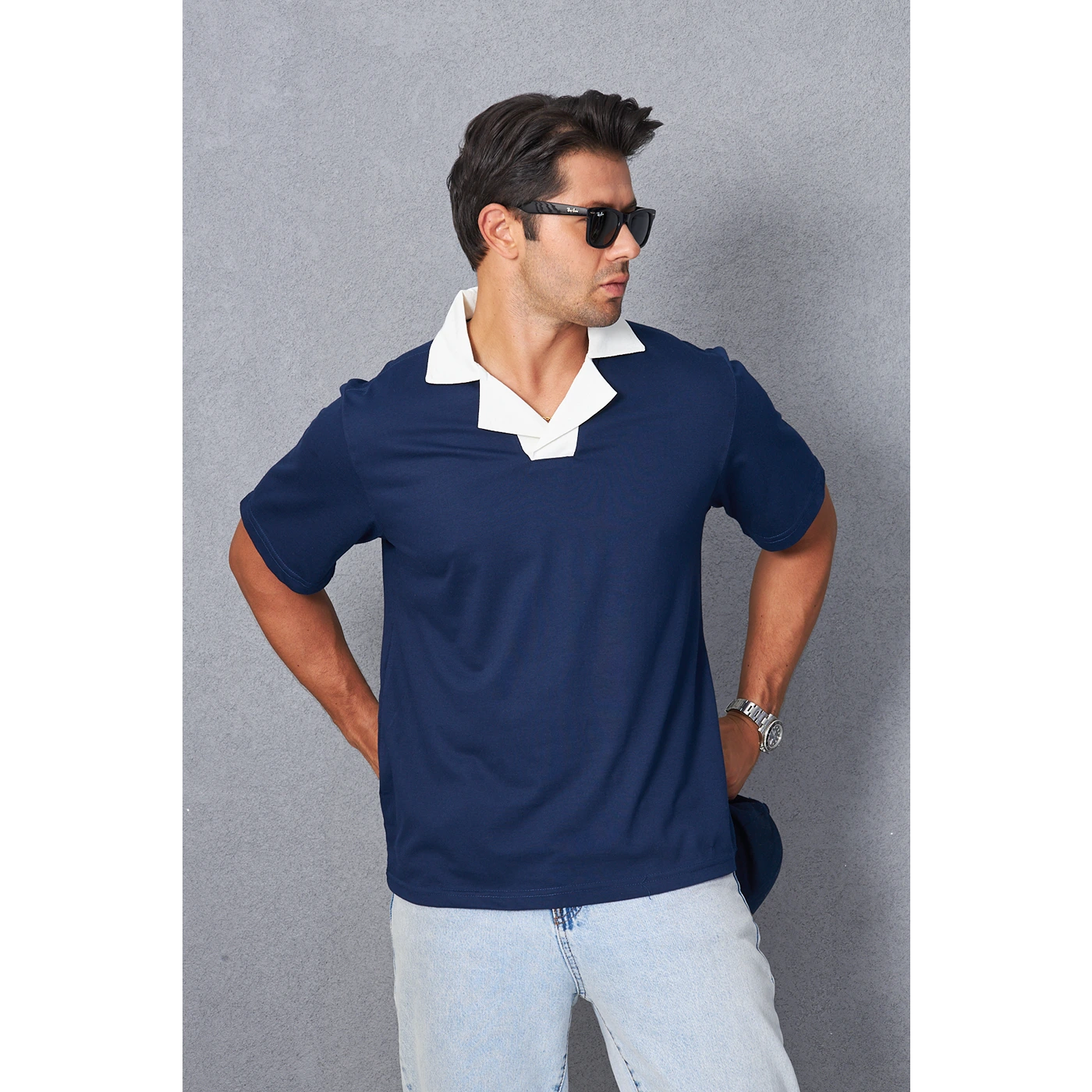 Navy Contrast Collar Regular Fit Polo | Montivo Pakistan