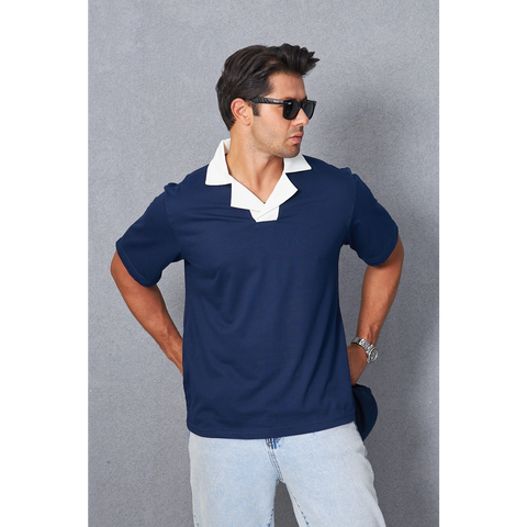 Navy Contrast Collar Regular Fit Polo | Montivo Pakistan