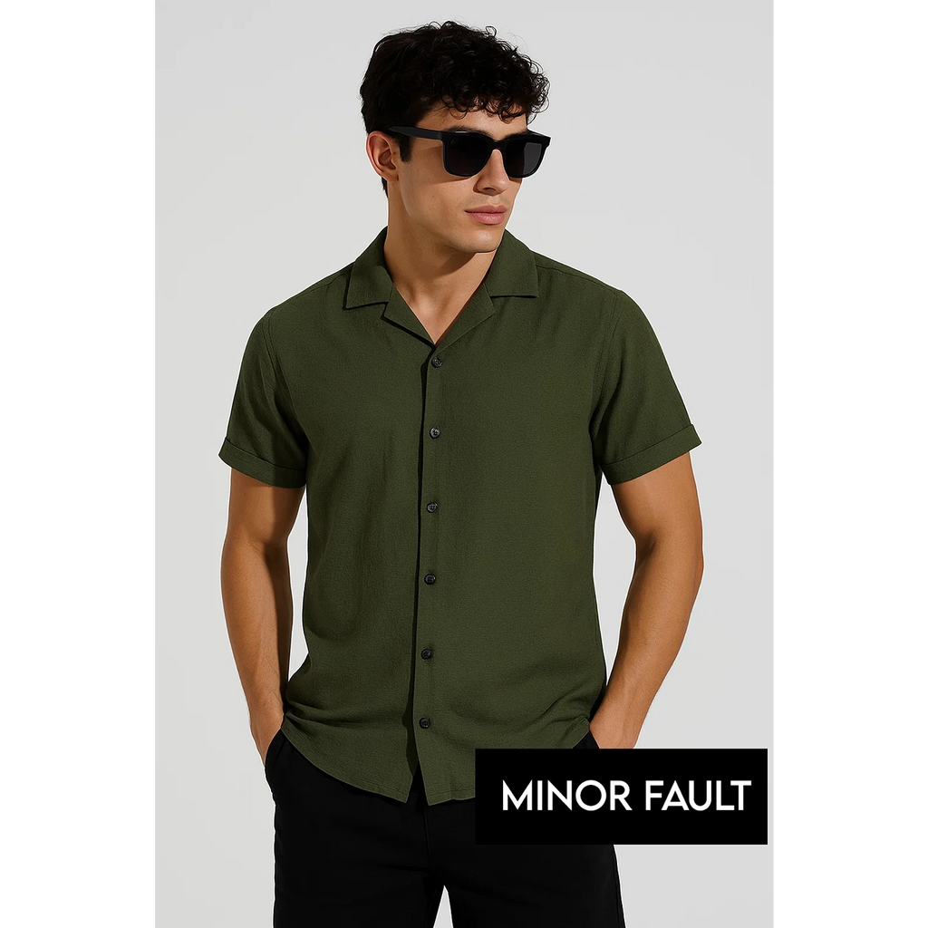 (Minor Fault) Green Textured Cuban Collar Shirt | Montivo Pakistan