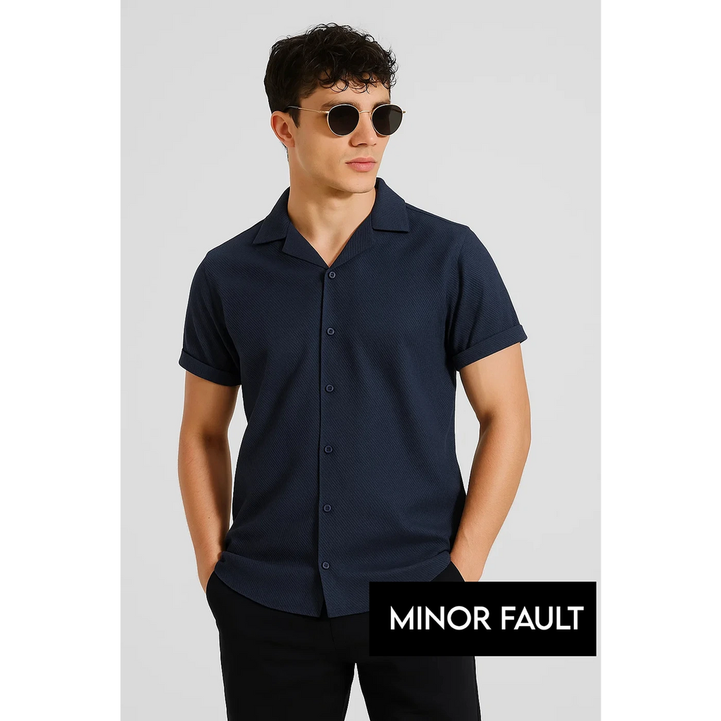 (Minor Fault) Navy Textured Cuban Collar Shirt | Montivo Pakistan