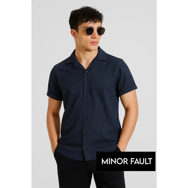 (Minor Fault) Navy Textured Cuban Collar Shirt | Montivo Pakistan