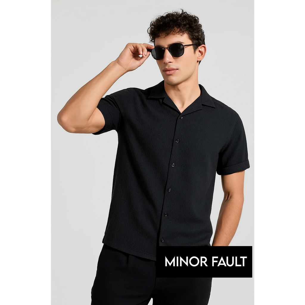 (Minor Fault) Black Textured Cuban Collar Shirt | Montivo Pakistan