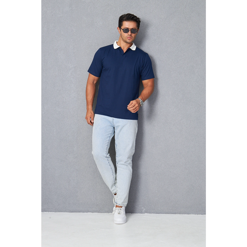Navy V Neck Contrast Collar Polo | Montivo Pakistan