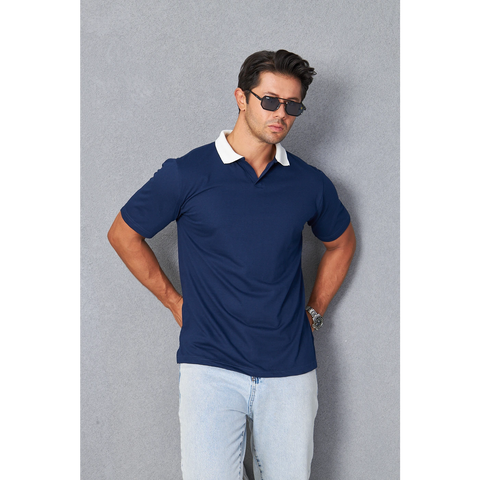 Navy V Neck Contrast Collar Polo | Montivo Pakistan