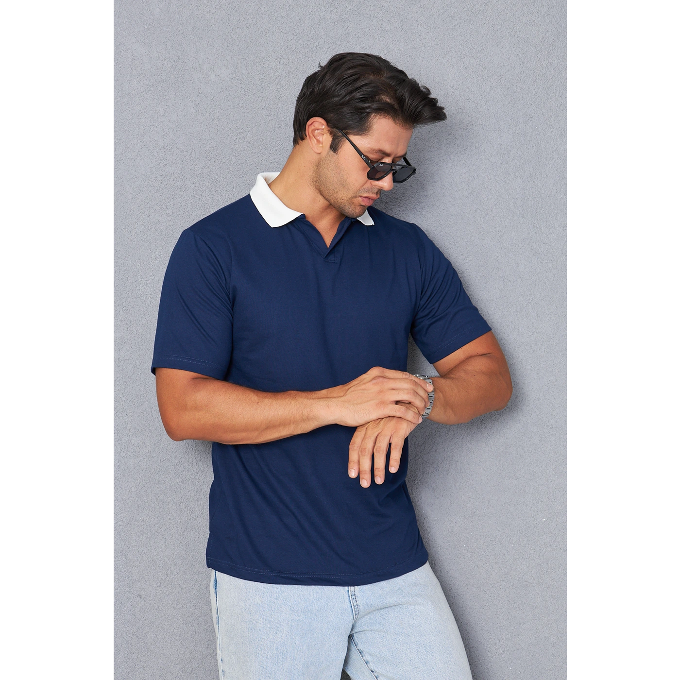 Navy V Neck Contrast Collar Polo | Montivo Pakistan