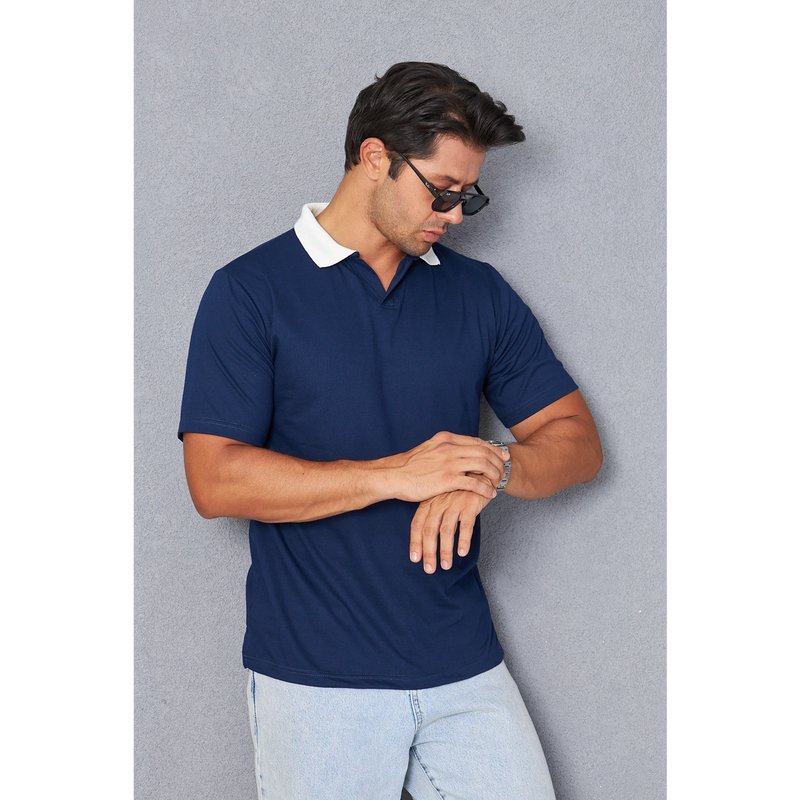 Navy V Neck Contrast Collar Polo | Montivo Pakistan