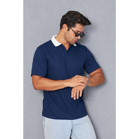 Navy V Neck Contrast Collar Polo | Montivo Pakistan