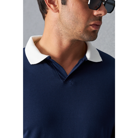 Navy V Neck Contrast Collar Polo | Montivo Pakistan