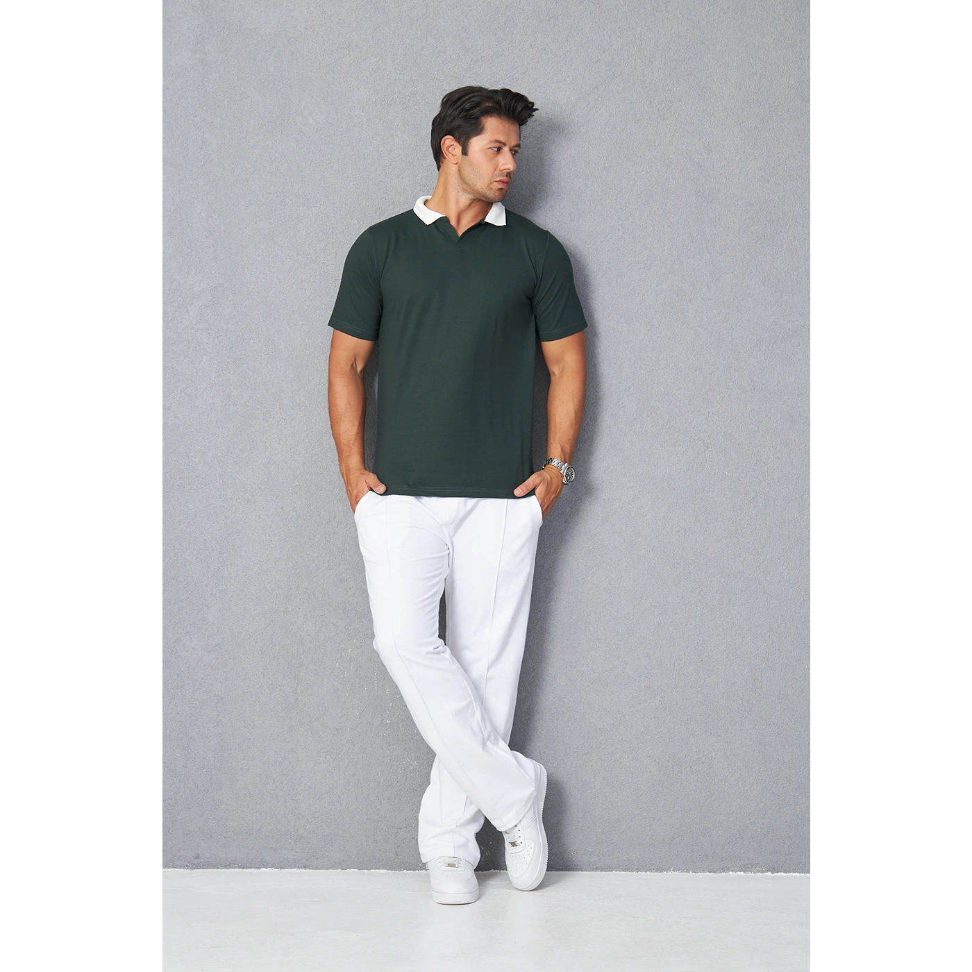 Green V Neck Contrast Collar Polo | Montivo Pakistan