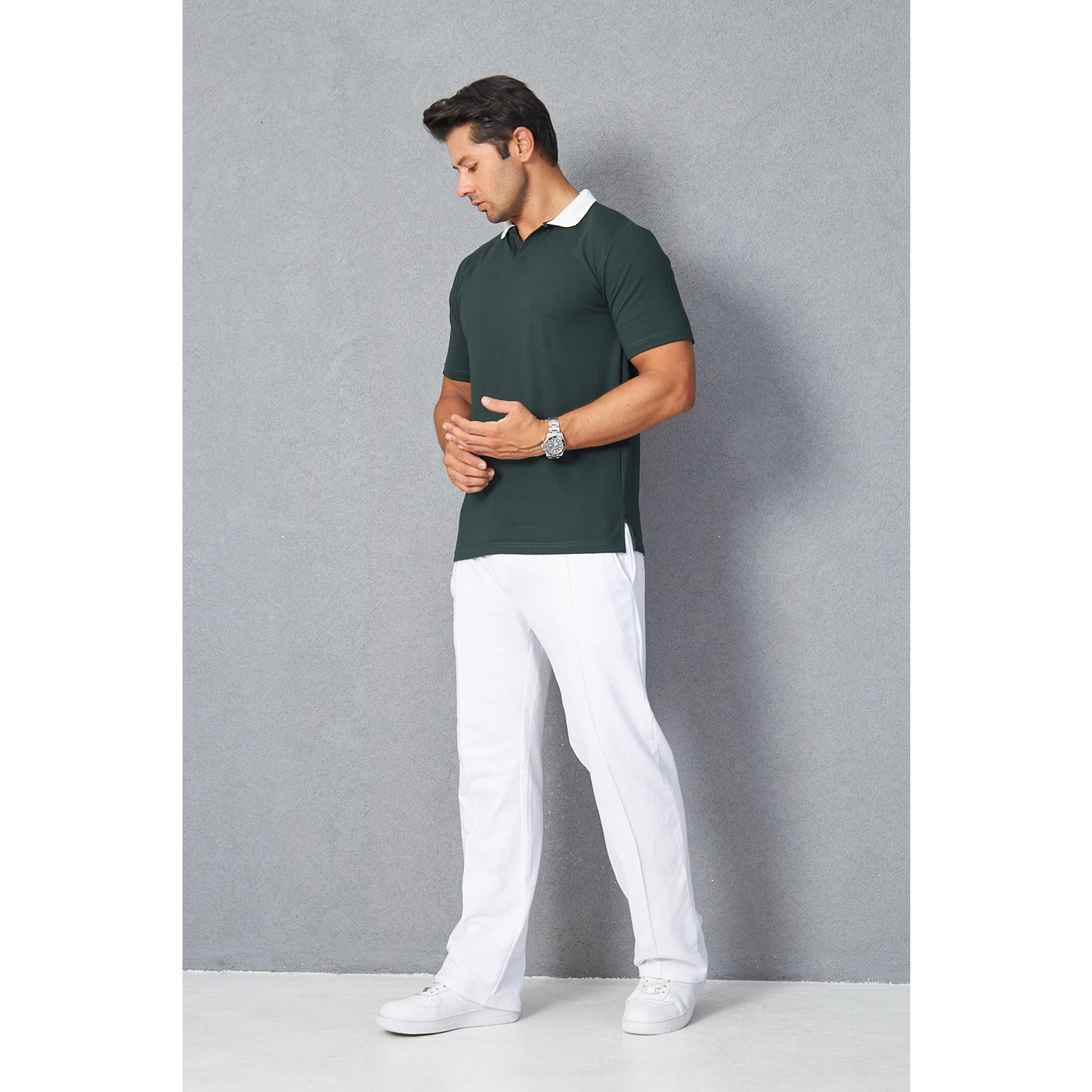 Green V Neck Contrast Collar Polo | Montivo Pakistan