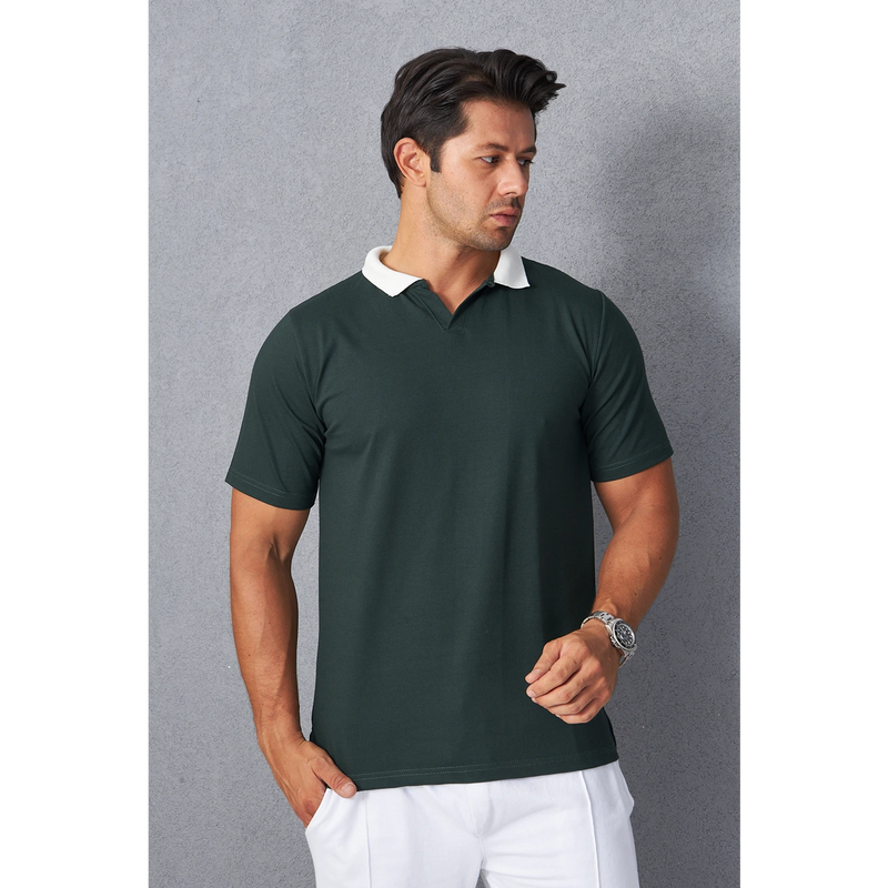 Green V Neck Contrast Collar Polo | Montivo Pakistan