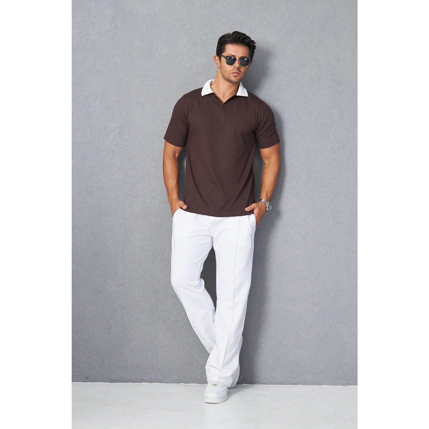 Brown V Neck Contrast Collar Polo | Montivo Pakistan