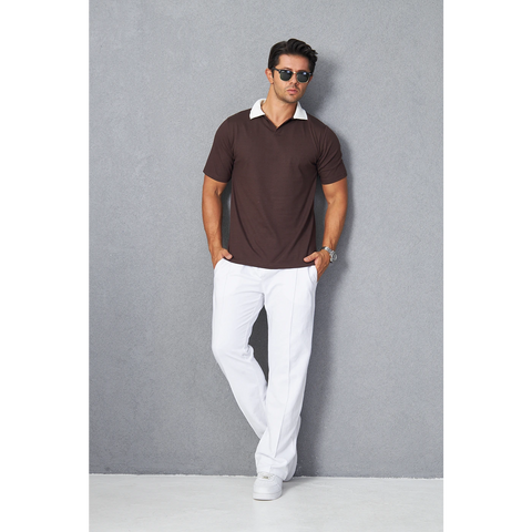 Brown V Neck Contrast Collar Polo | Montivo Pakistan
