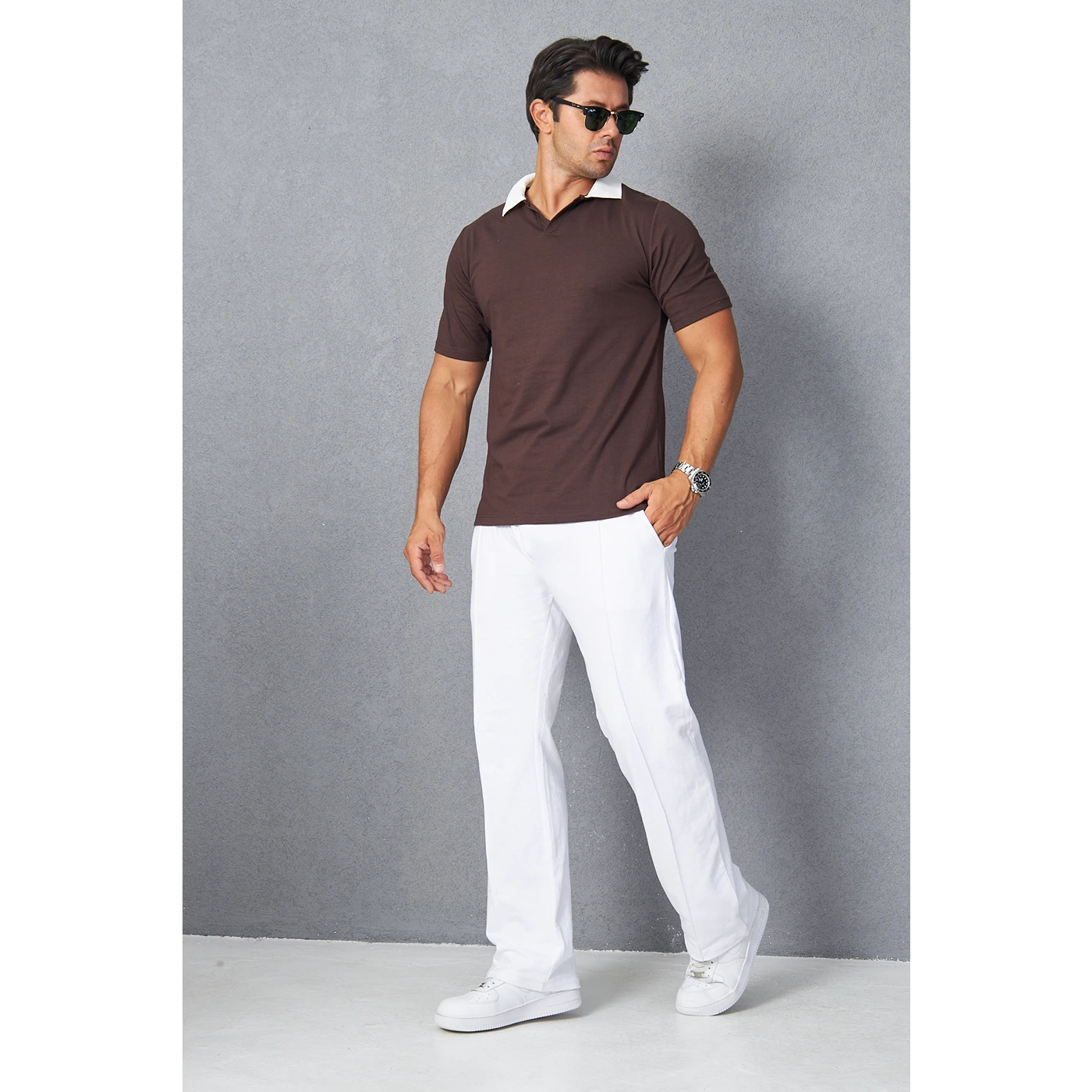Brown V Neck Contrast Collar Polo | Montivo Pakistan