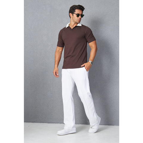 Brown V Neck Contrast Collar Polo | Montivo Pakistan