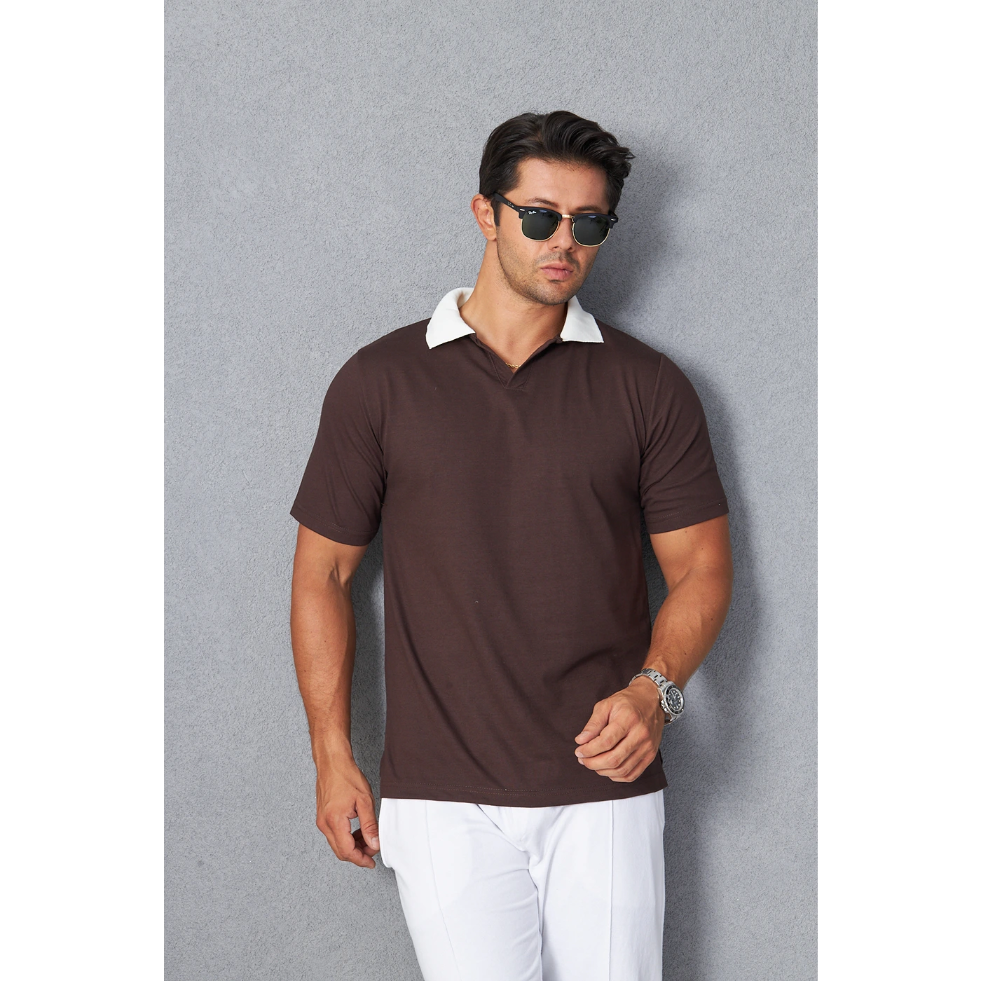 Brown V Neck Contrast Collar Polo | Montivo Pakistan