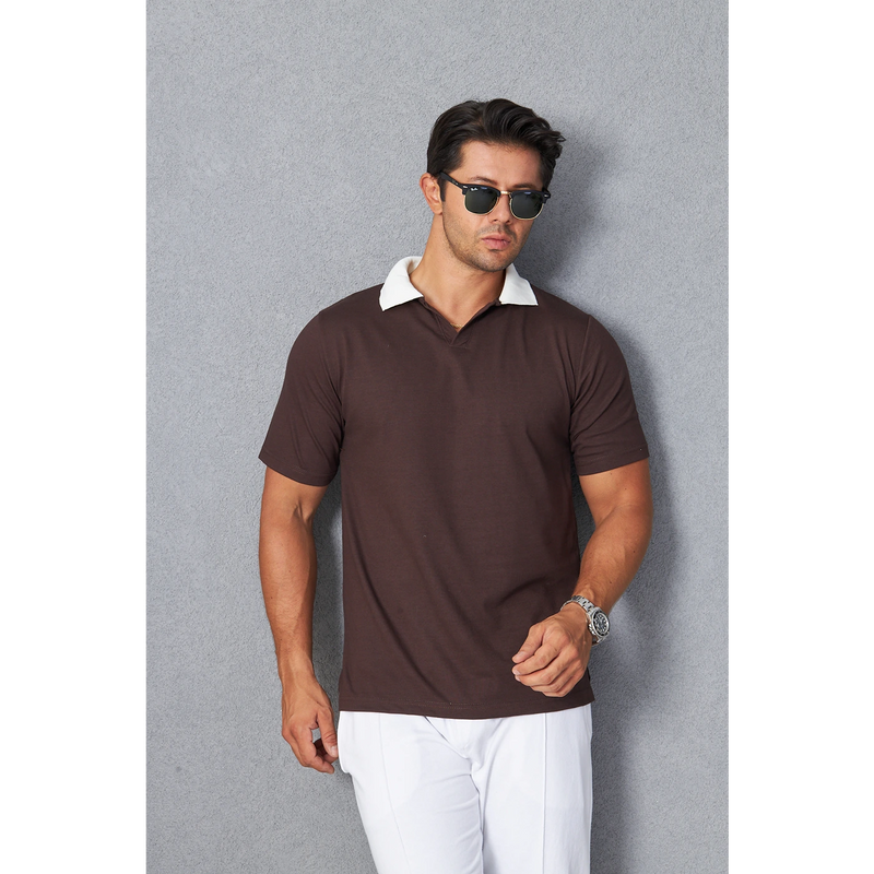 Brown V Neck Contrast Collar Polo | Montivo Pakistan