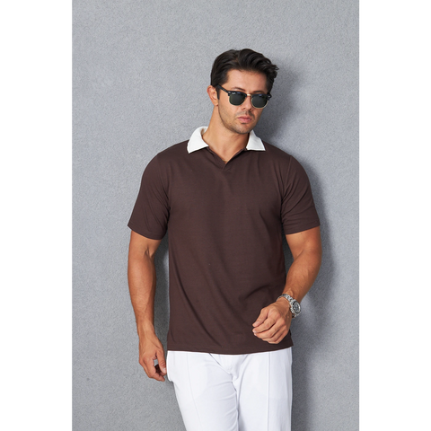 Brown V Neck Contrast Collar Polo | Montivo Pakistan