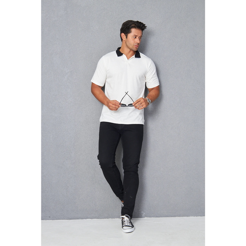 White V Neck Contrast Collar Polo | Montivo Pakistan