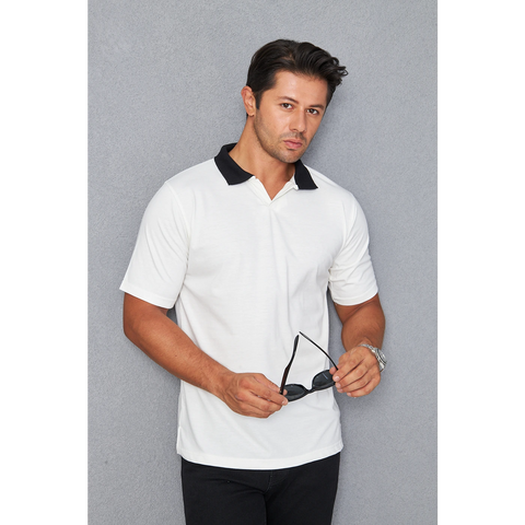 White V Neck Contrast Collar Polo | Montivo Pakistan
