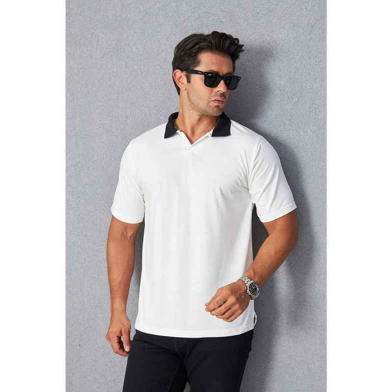 White V Neck Contrast Collar Polo | Montivo Pakistan