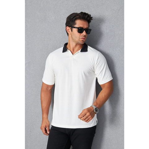 White V Neck Contrast Collar Polo | Montivo Pakistan