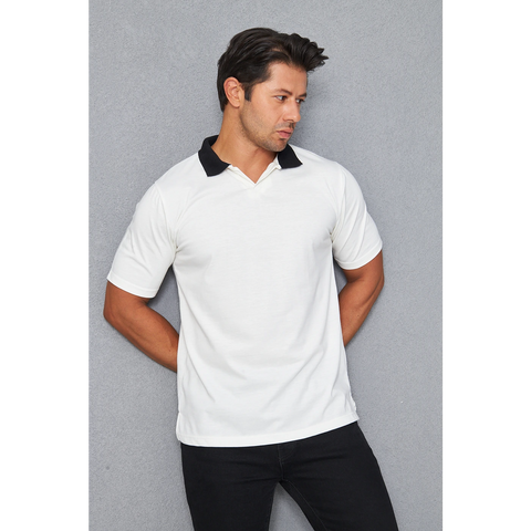 White V Neck Contrast Collar Polo | Montivo Pakistan
