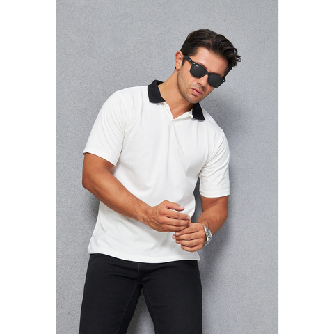 White V Neck Contrast Collar Polo | Montivo Pakistan