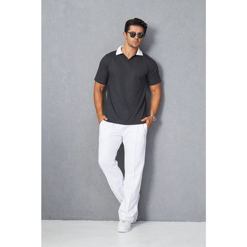 Steel Grey V Neck Contrast Collar Polo | Montivo Pakistan