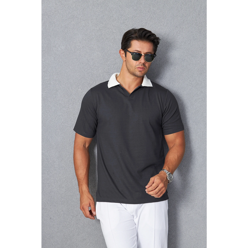 Steel Grey V Neck Contrast Collar Polo | Montivo Pakistan