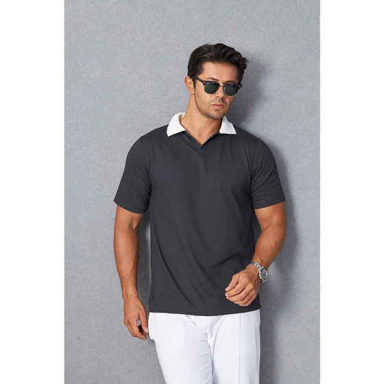 Steel Grey V Neck Contrast Collar Polo | Montivo Pakistan