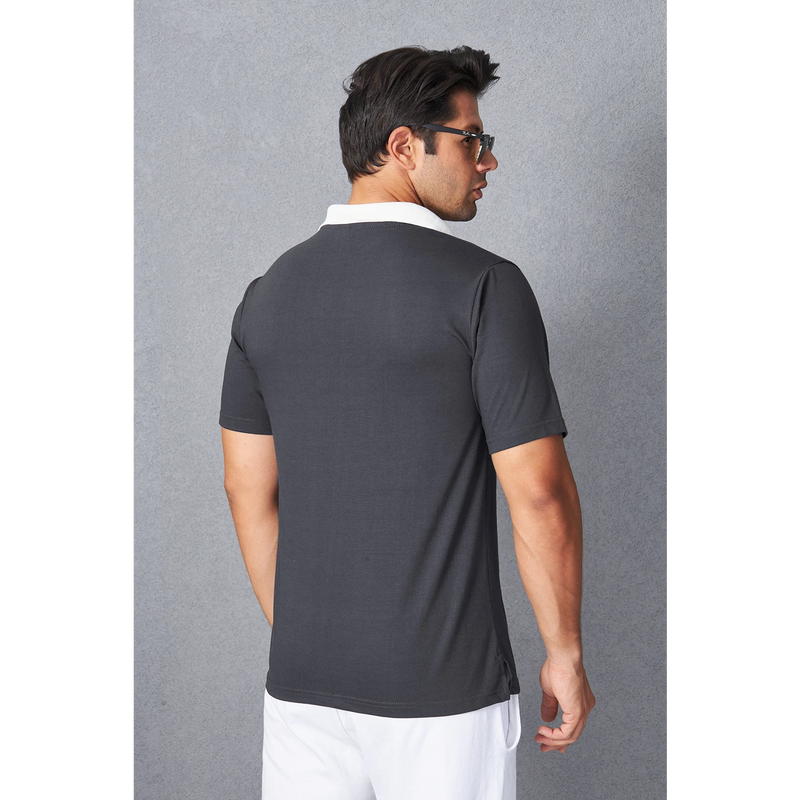 Steel Grey V Neck Contrast Collar Polo | Montivo Pakistan