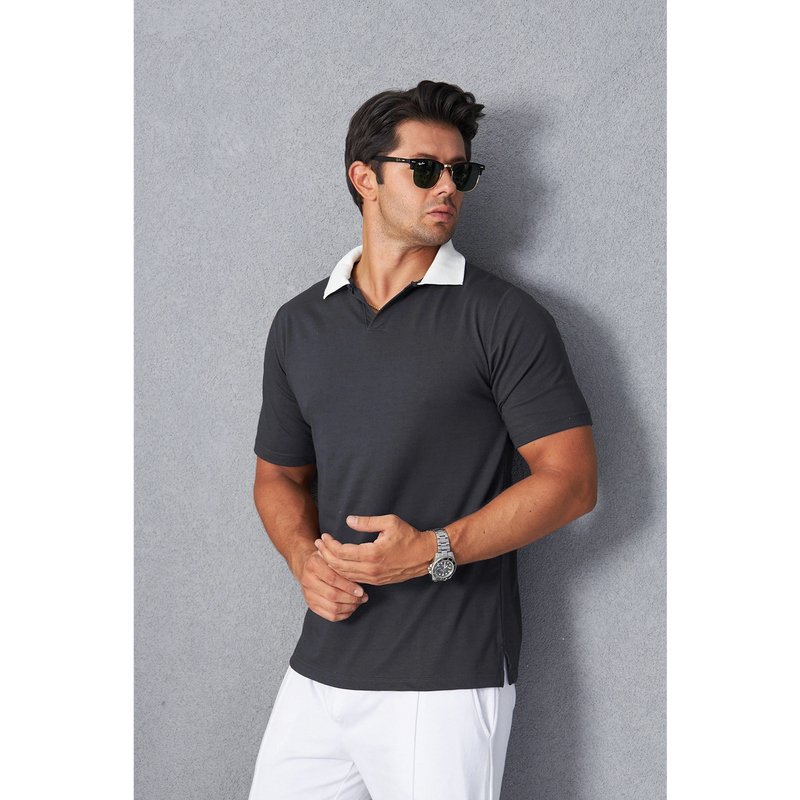 Steel Grey V Neck Contrast Collar Polo | Montivo Pakistan
