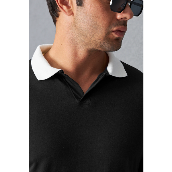 Black V Neck Contrast Collar Polo | Montivo Pakistan