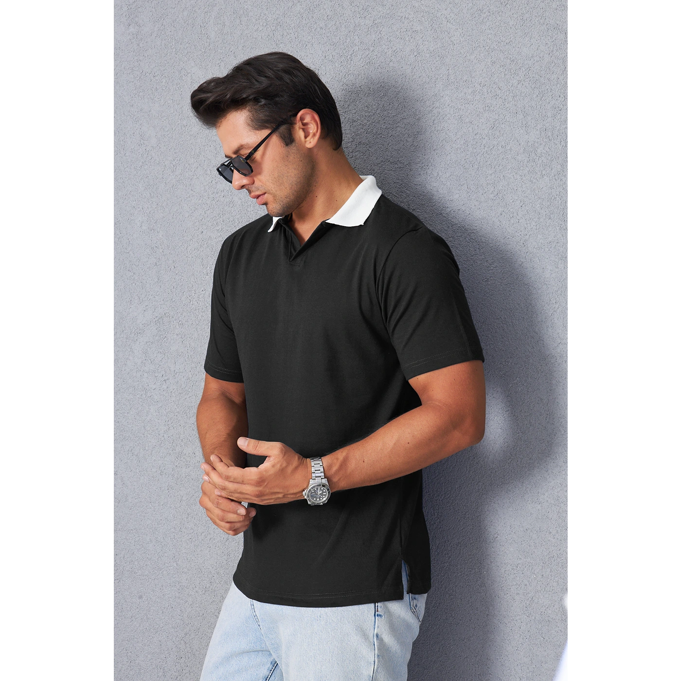 Black V Neck Contrast Collar Polo | Montivo Pakistan