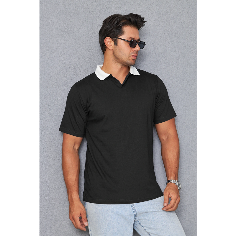 Black V Neck Contrast Collar Polo | Montivo Pakistan