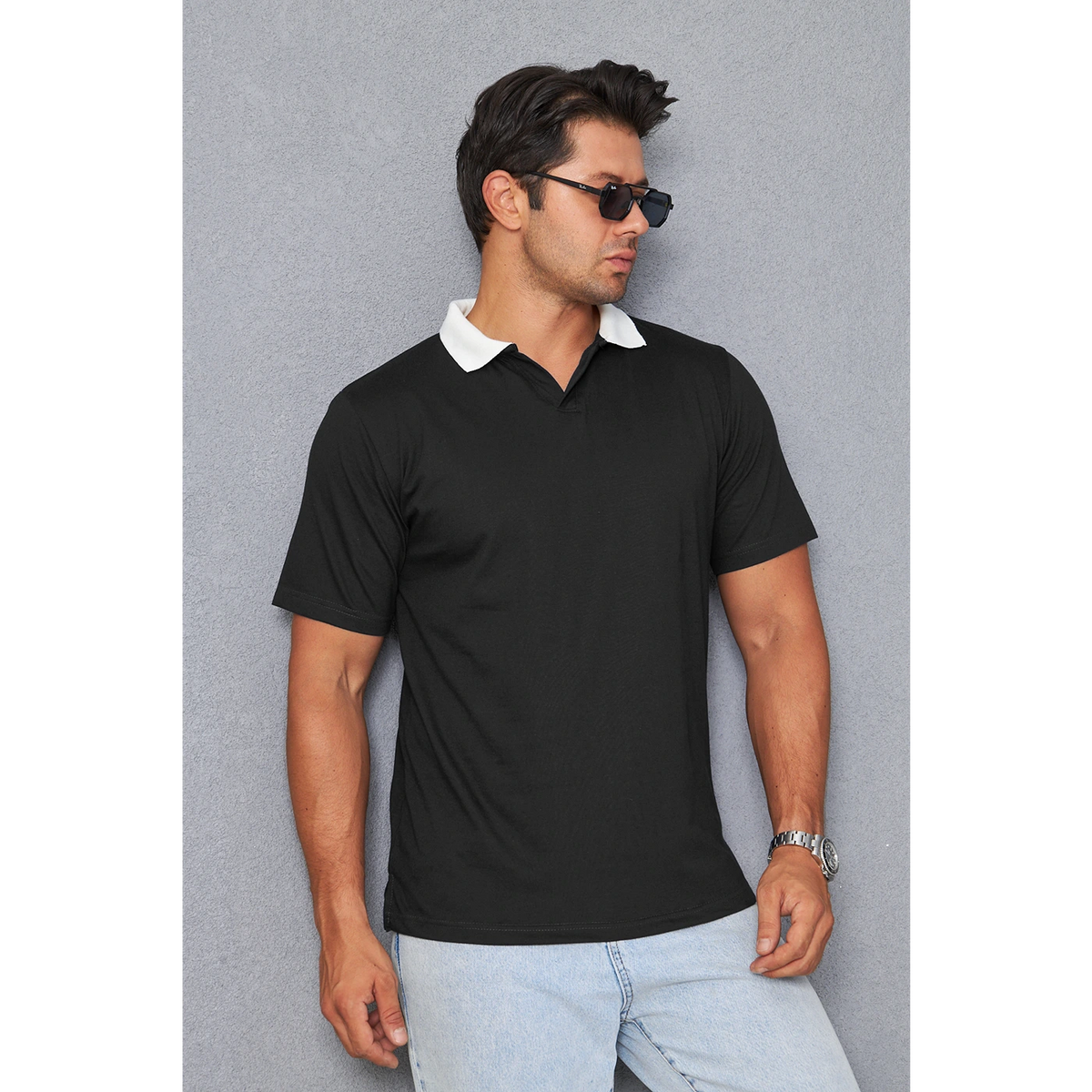 Black V Neck Contrast Collar Polo | Montivo Pakistan