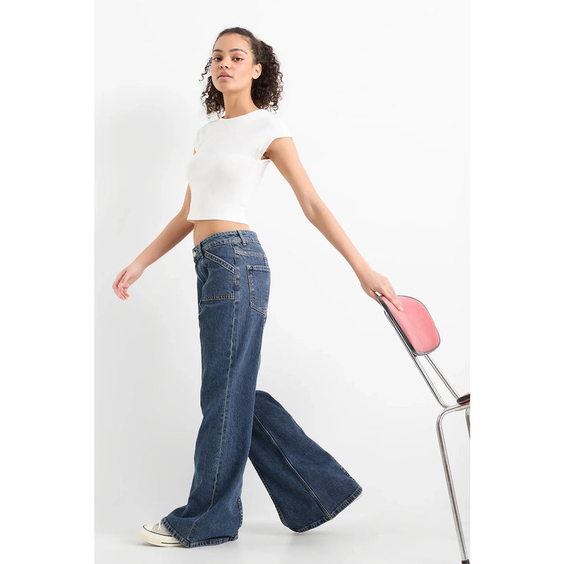 Dark Blue Wide Flare Jeans | Montivo Pakistan