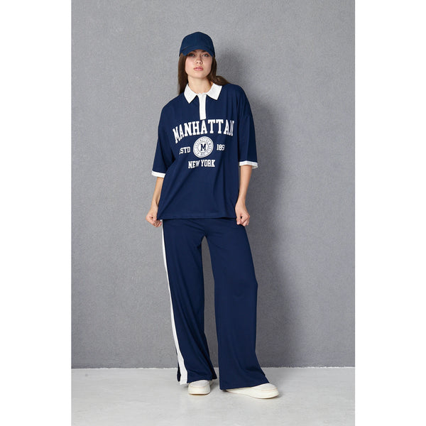 Blue Side Panel Split Hem Trousers