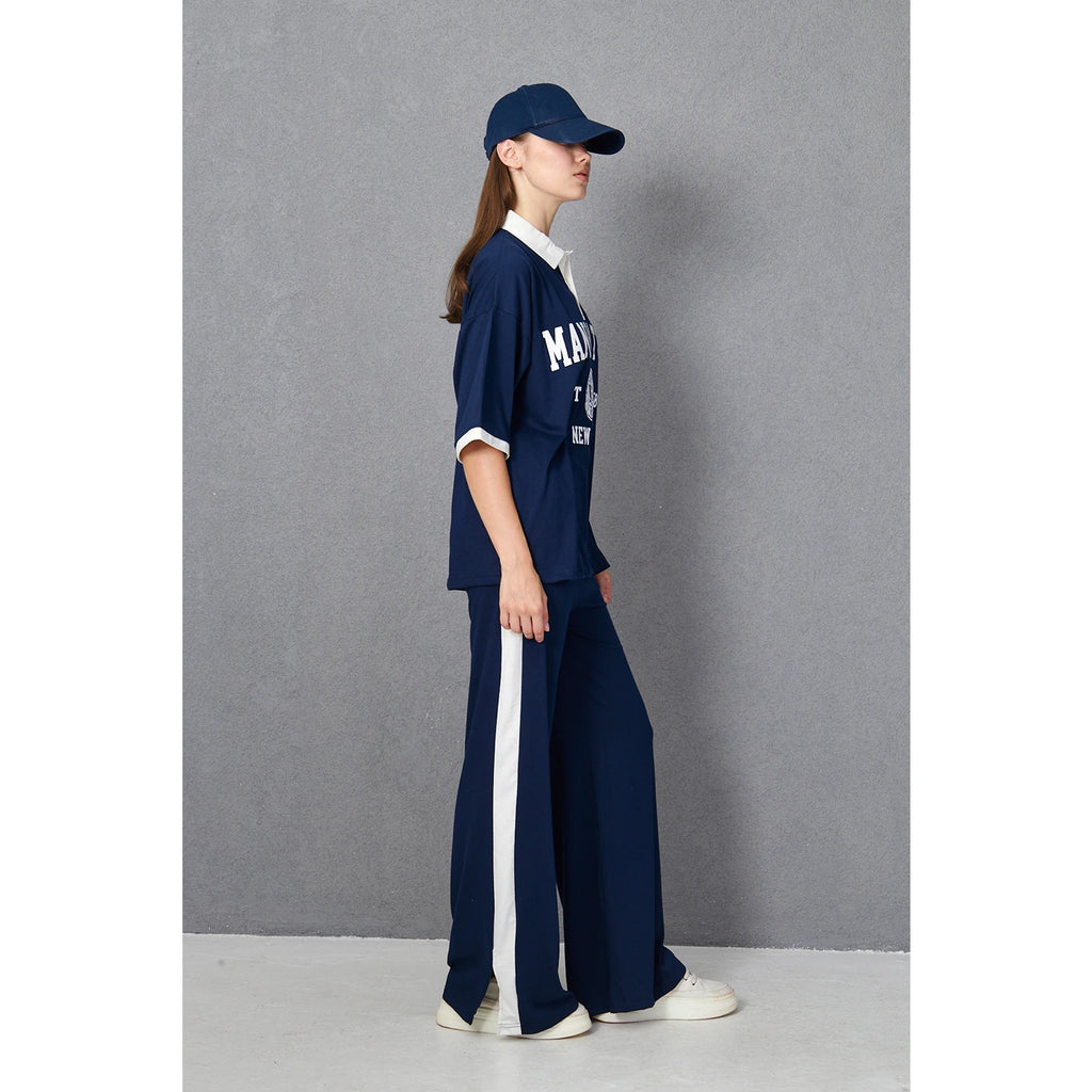 Blue Side Panel Split Hem Trousers