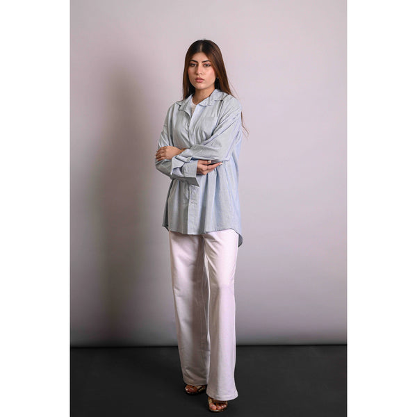 Green Textured Stripes Oversized Shirt