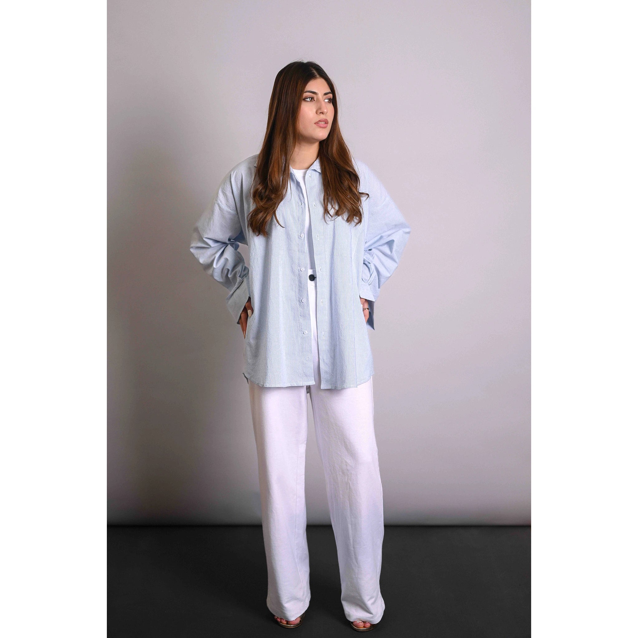 Light Blue Crinkle Stripes Oversized Shirt | Montivo Pakistan