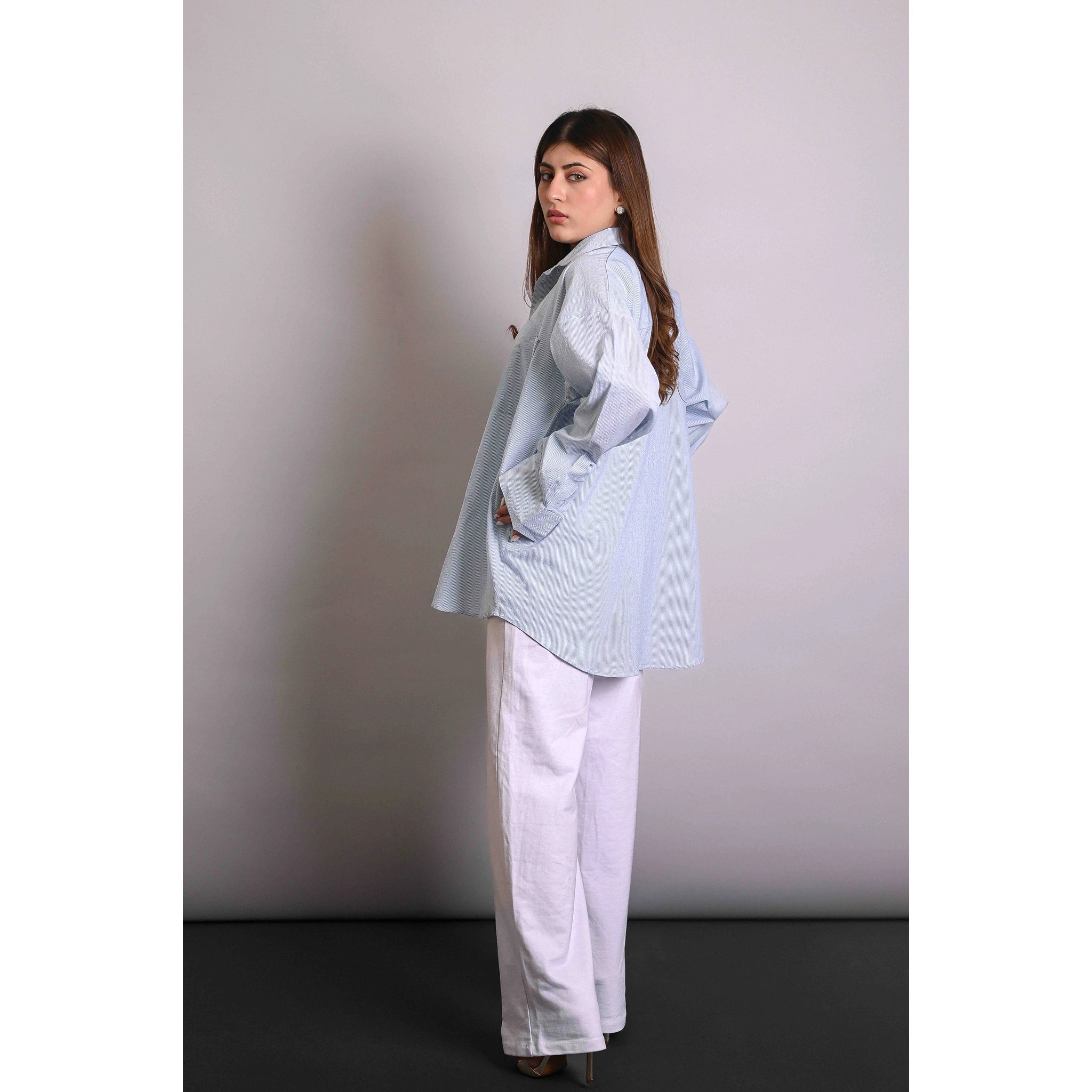 Light Blue Crinkle Stripes Oversized Shirt | Montivo Pakistan