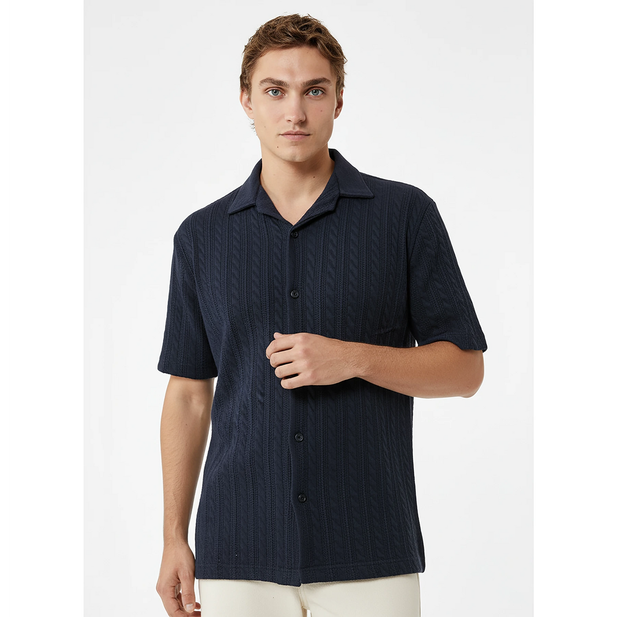 Blue Cable Knit Cuban Shirt | Montivo Pakistan