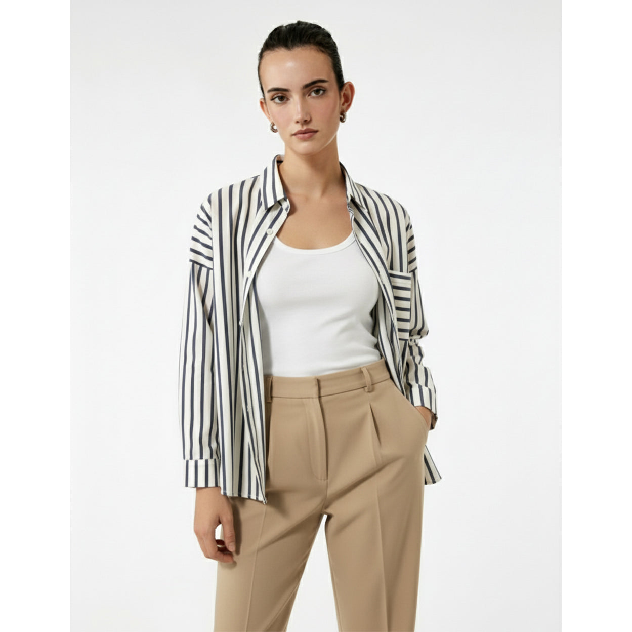 White Navy Stripes Oversized Shirt | Montivo Pakistan