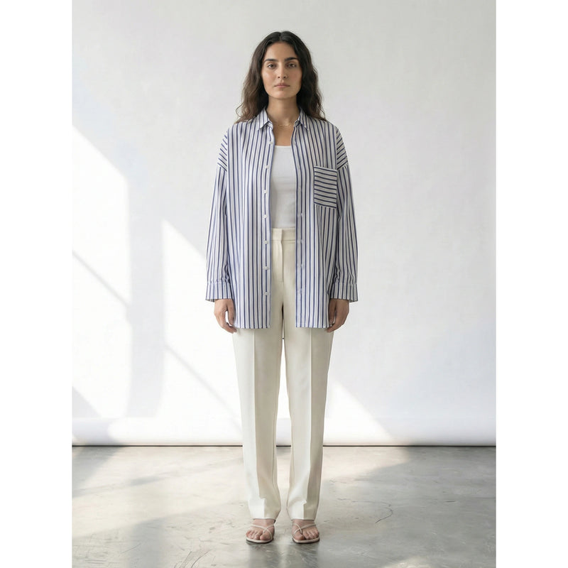 White Navy Stripes Oversized Shirt | Montivo Pakistan